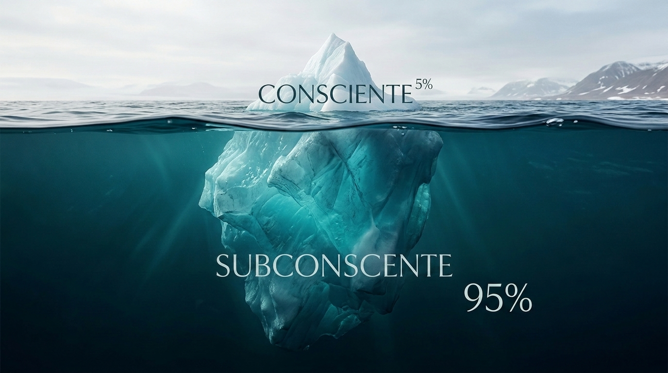 Iceberg ilustrando a mente: consciente 5% acima da água e subconsciente 95% abaixo da água